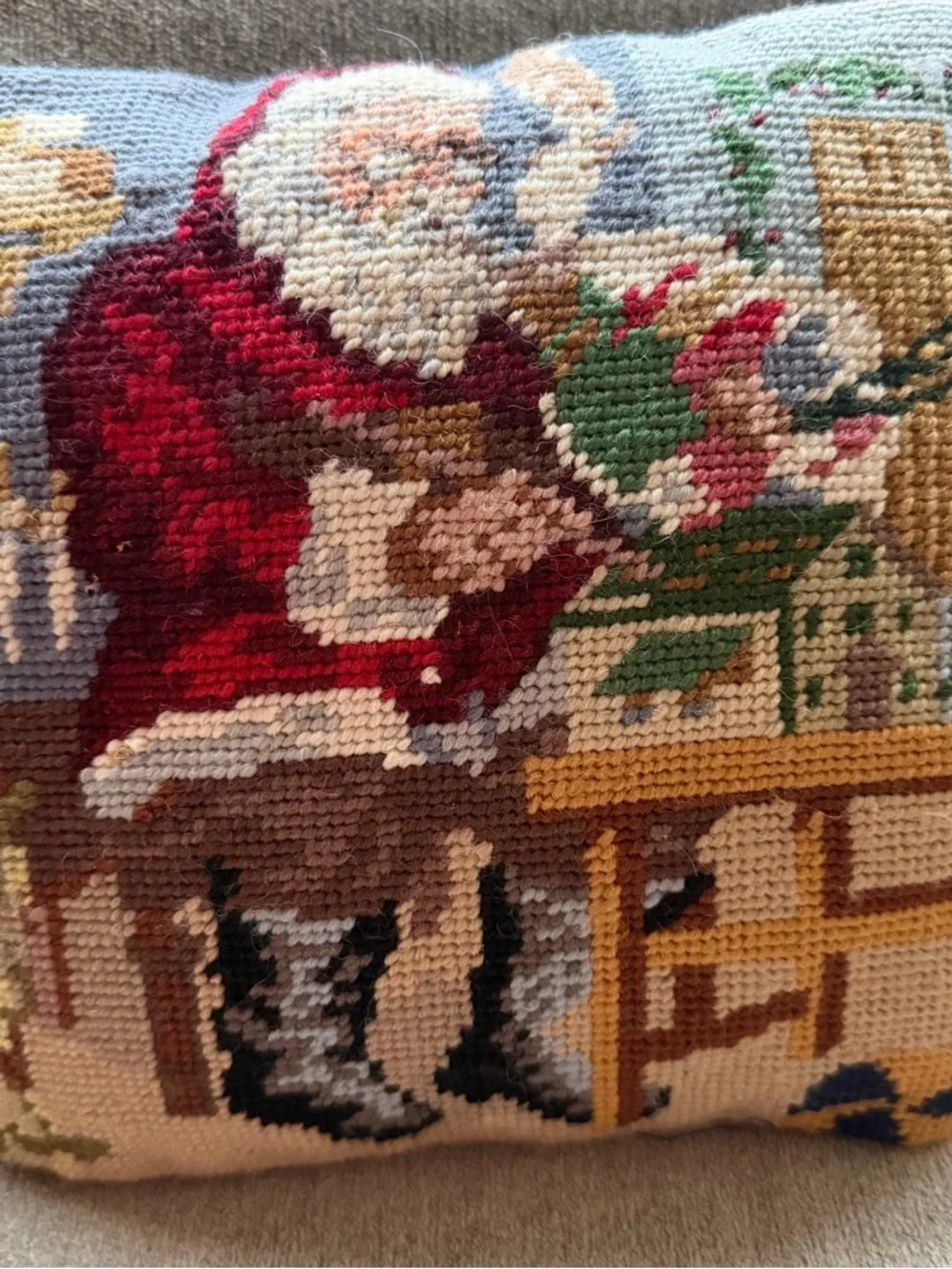 Vintage Needlepoint Santa Pillow Christmas Cushion 9.5” Blue Velvet
